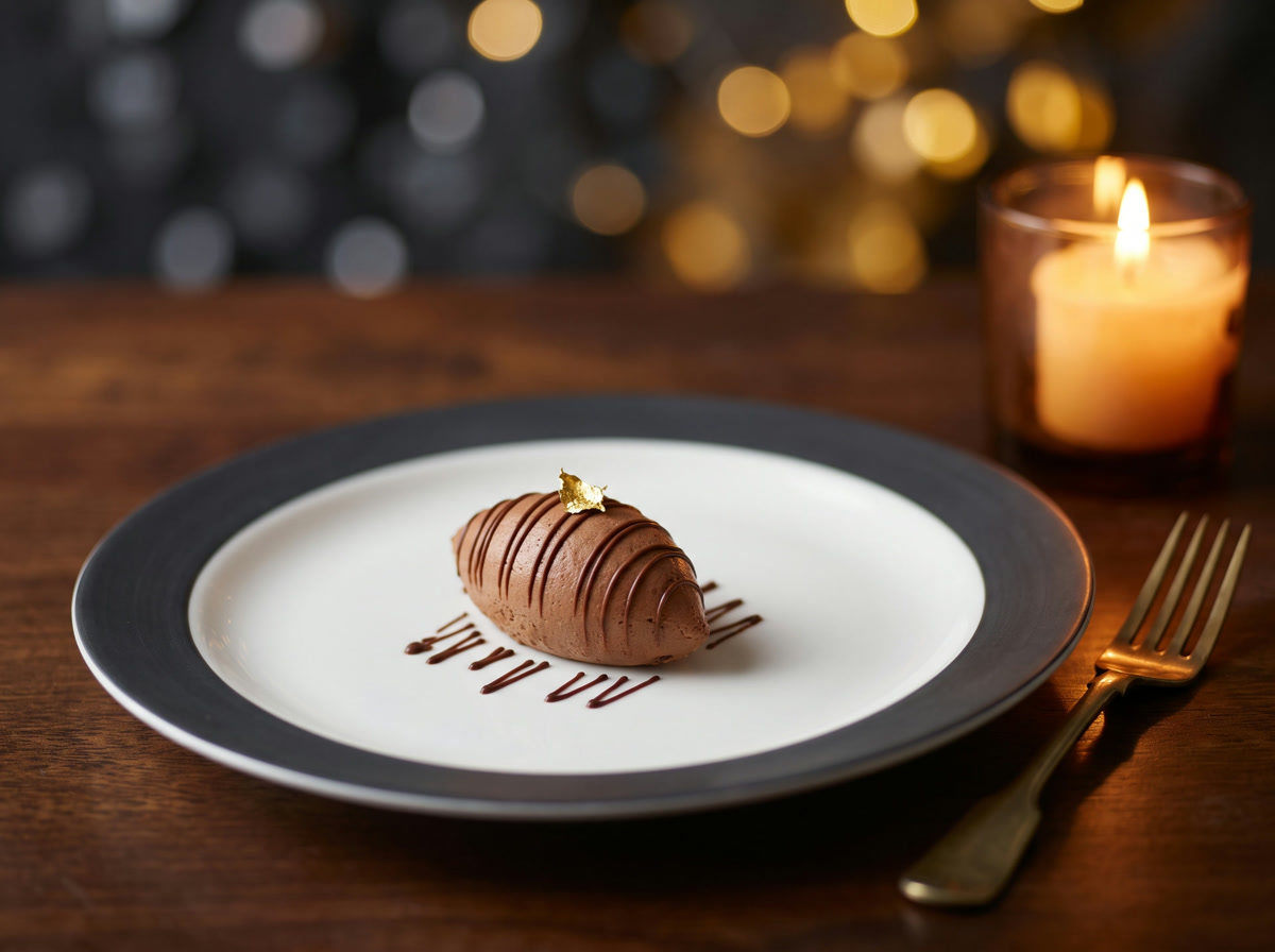 Dark chocolate dessert with a single leaf of gold