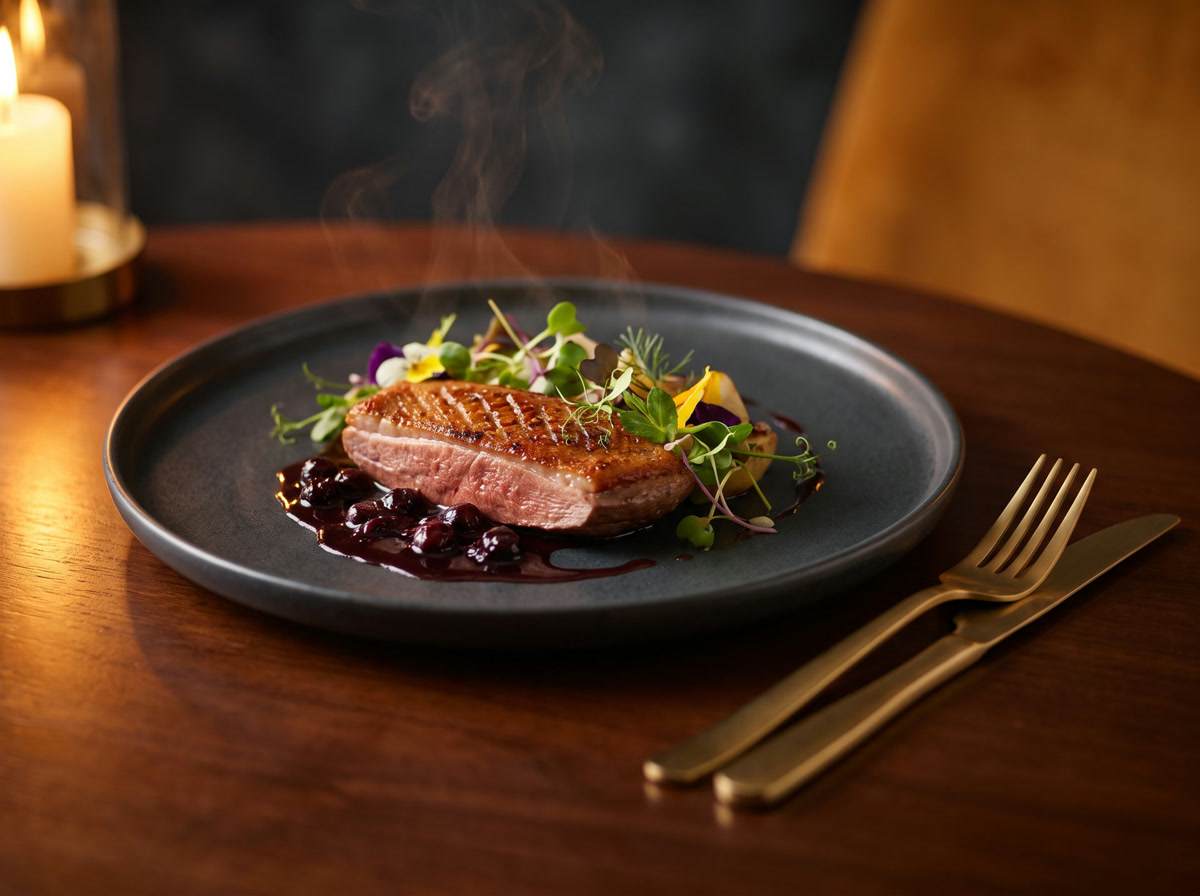 Seared duck breast with blackcurrant sauce