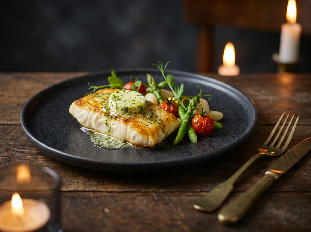 Roasted halibut with herb butter and cherry tomatoes