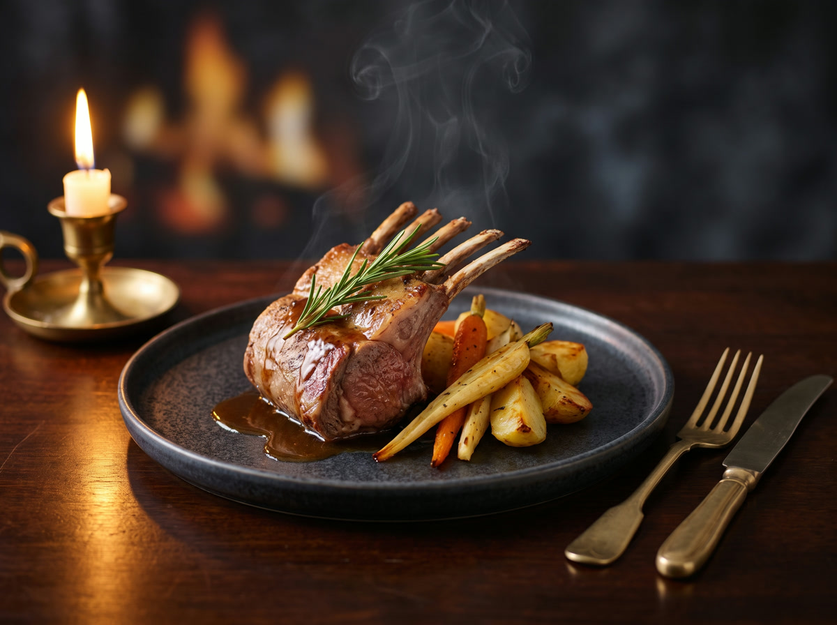 Rack of lamb with rosemary jus and roasted root vegetables