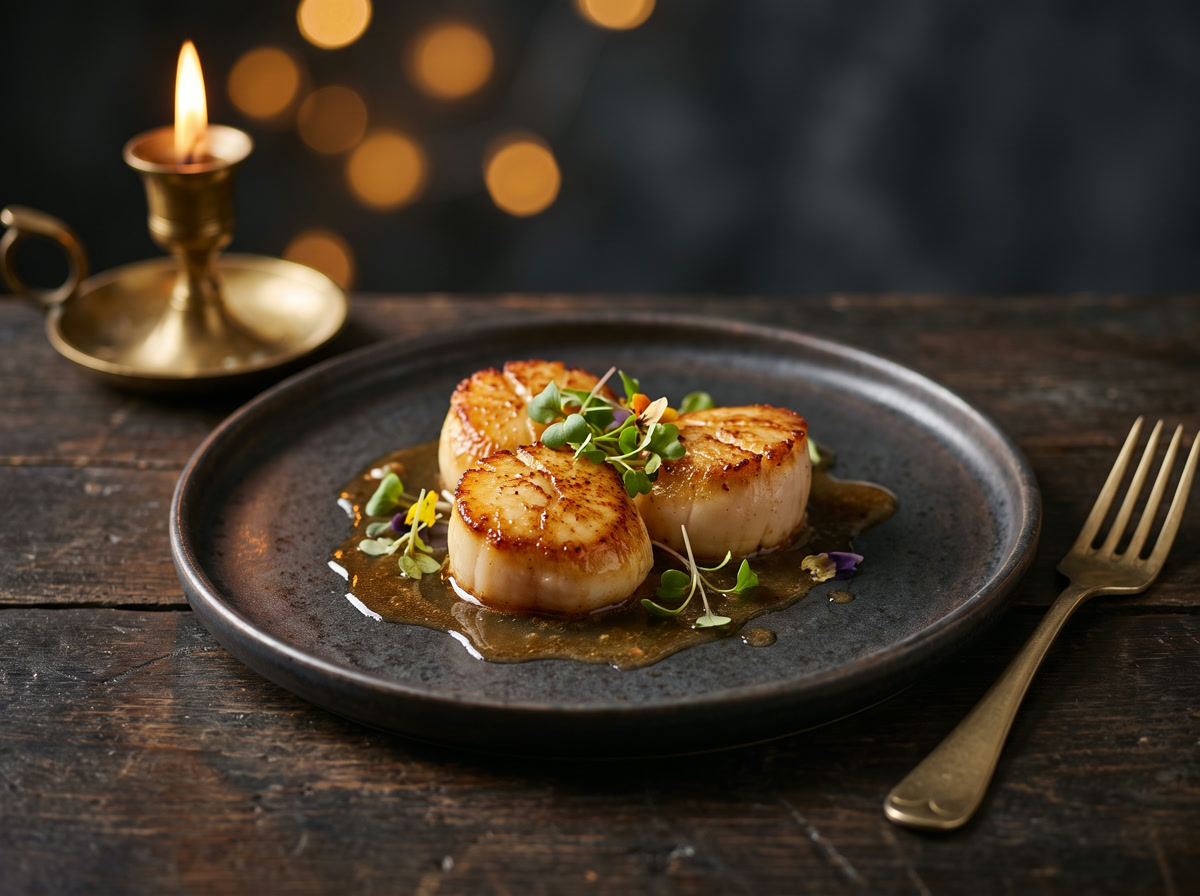 Seared scallops with brown butter sauce and microgreens