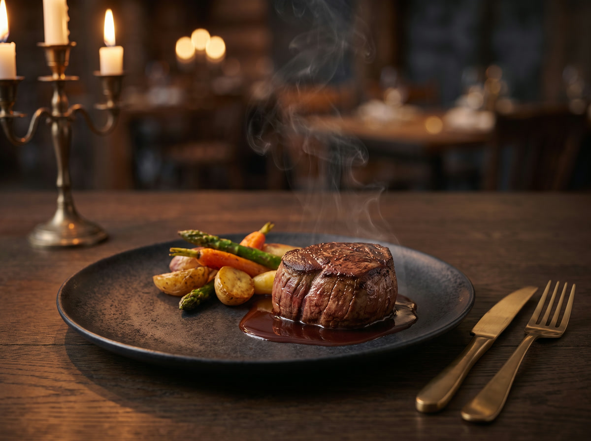 Beef tenderloin with red wine jus and roasted vegetables
