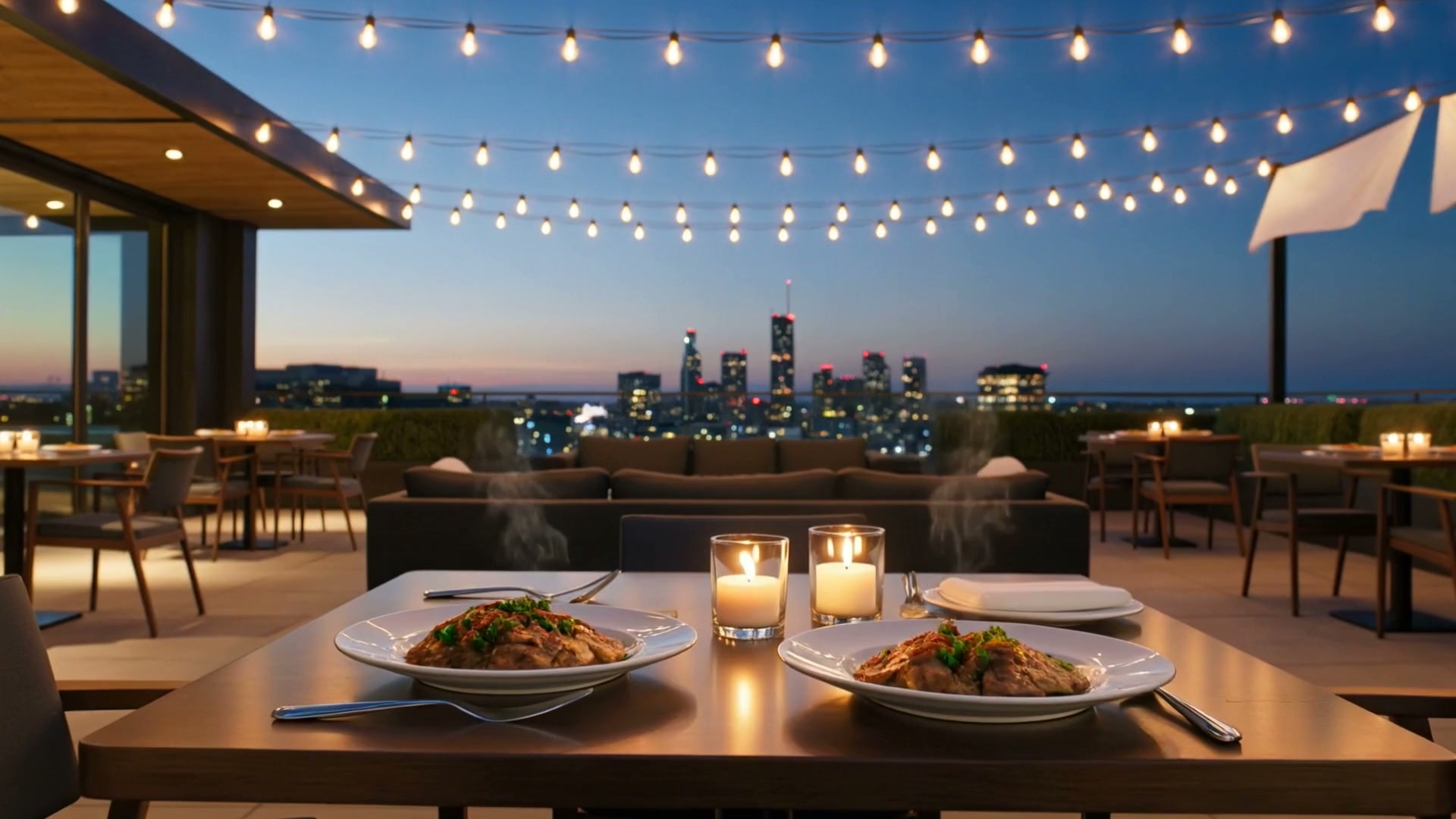 Rooftop terrace at dusk with string lights and the city skyline