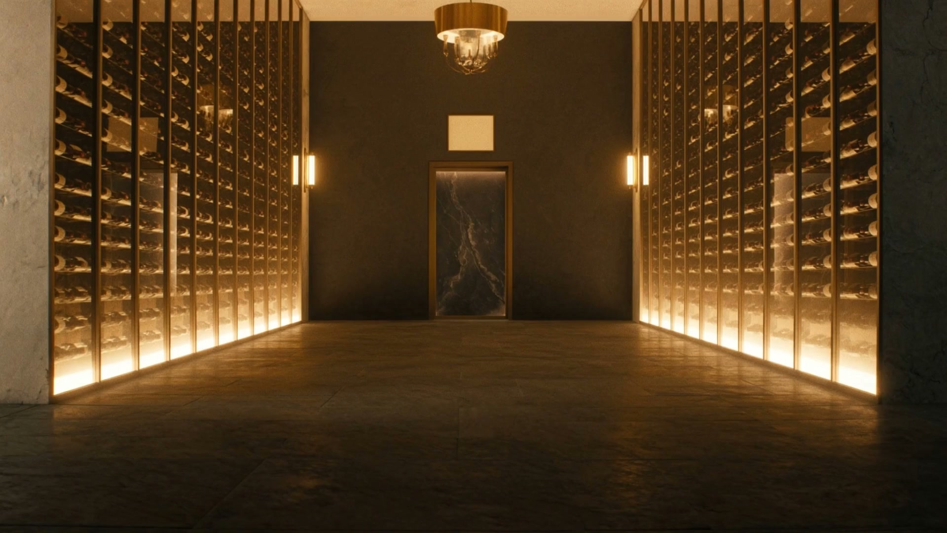 The wine room, bottles lit from below along both walls